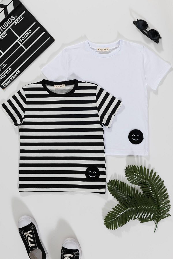 for you kids-Set de 2 tricouri alb-negru cu model emoji 1