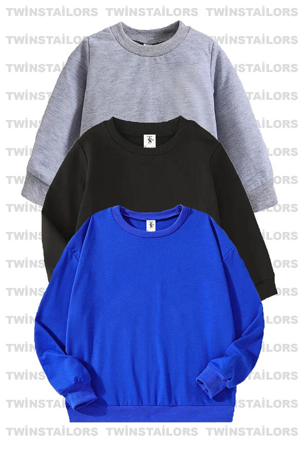 twins tailors-Pachet de 3 hanorace de școală pentru copii, unisex, gri-albastru-negru, cu gât crew, cu fleece în interior neimprimat 1