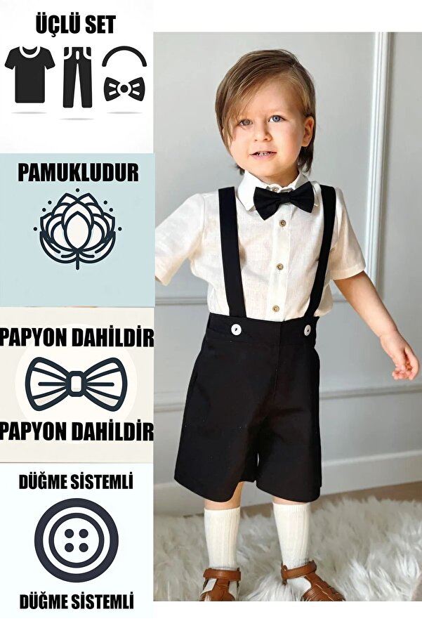 Ares Kids Fashion Siyah Salopet Beyaz Gömlek Ve Papyon Bayramlık Özel Günlük Çocuk Ve Bebek Giyim Erkek Kız