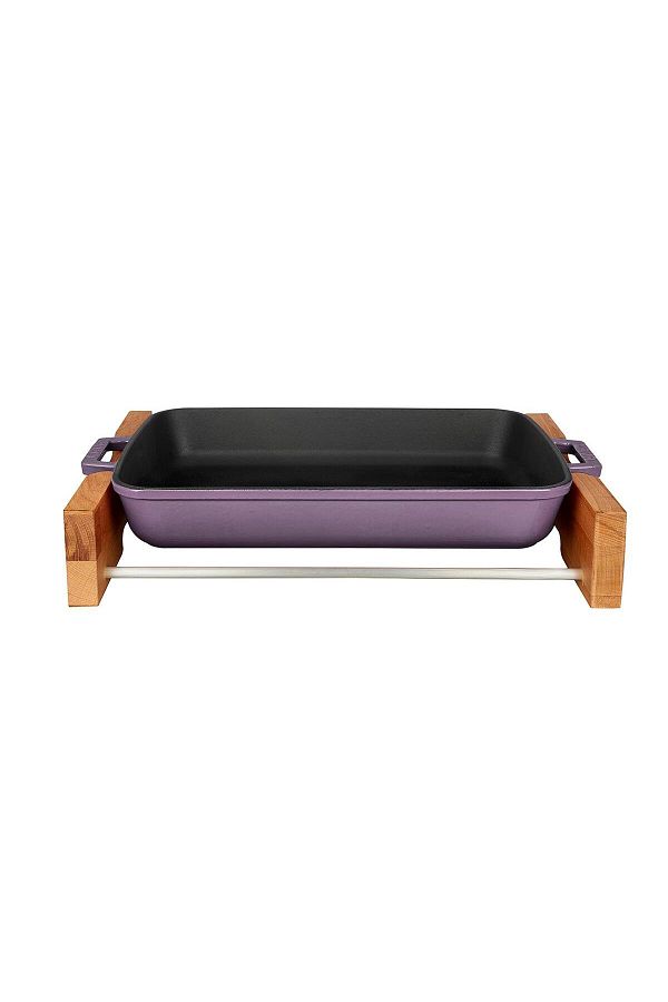 Lava-Double Handle Cast Iron Solid - Rectangular Rosto and Baking Tray, Beech Serving Wood 1