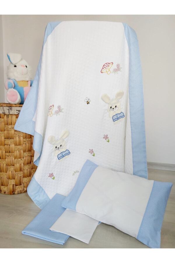 mellowbabystore %100 Pamuk Mavi Tavşan Desenli Bebek Pike Takımı