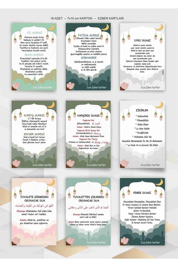 Genel Markalar Çocuklara Özel Kısa Sure Ve Dua Ezber Kartları 7x10 Cm Karton 18 Adet Eğitici Kartlar