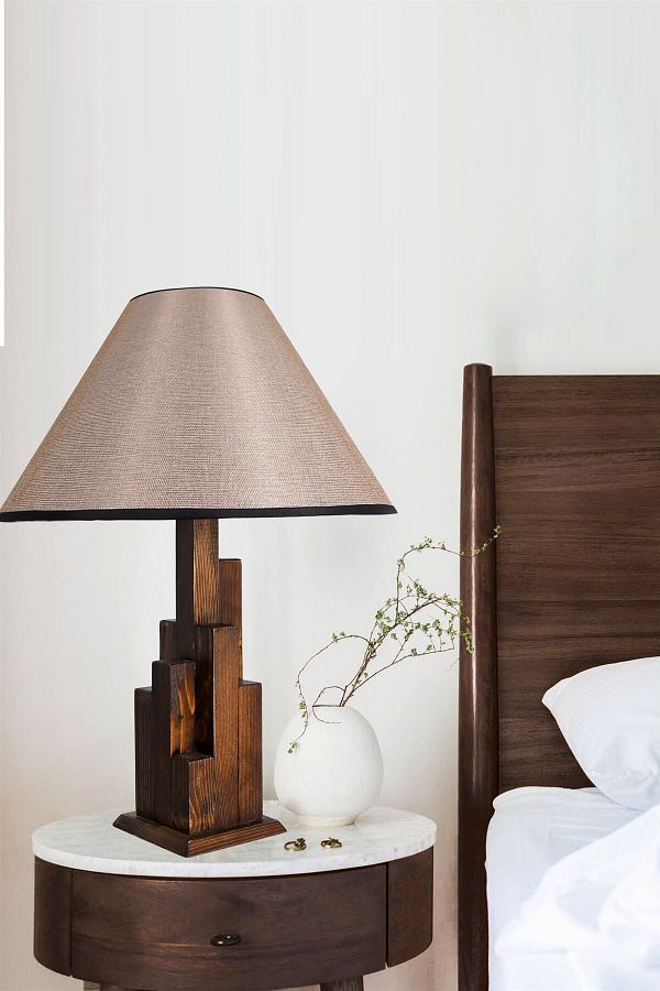 Lumexx-Pramit Tower Walnut Wooden Table Lamp with Dark Wicker Lampshade 1