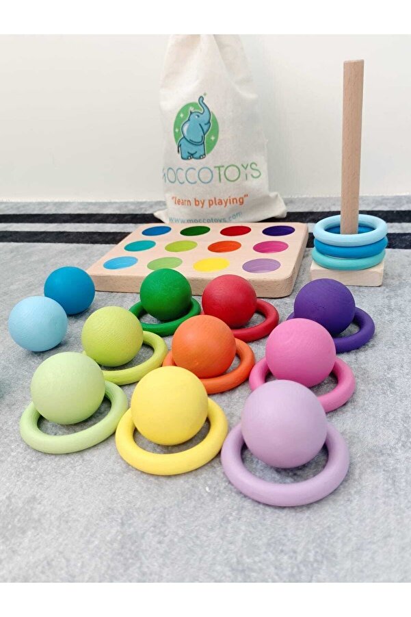 Moccotoys Montessori Eşleştirme Topları & Halka Seti Masif Ahşap Oyunu