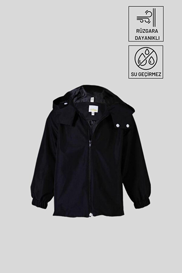 Belkızın Atölyesi Siyah Kapüşonlu Su Geçirmez Çocuk Yağmurluk