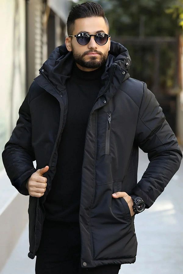 D1fference Men s Black Windproof Hooded Winter Coat Coat Parka Trendyol