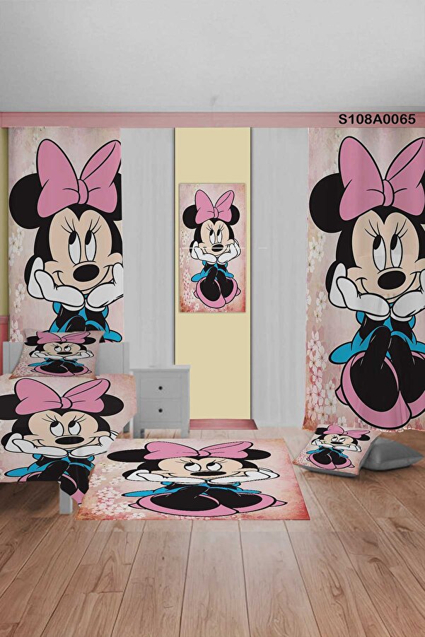 A2ZTR Mickey Mouse Desenli Yatak Örtüsü, Perde Çift Taraf, Yastık, Kırlent, Halı ve Tablo