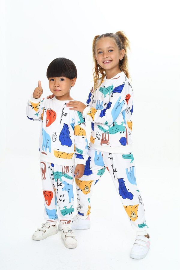 Lolliboomkids-Set de trening unisex cu textura moale cu model de pădure - 2 fire, imprimat cu caractere, culoare deschisă 1