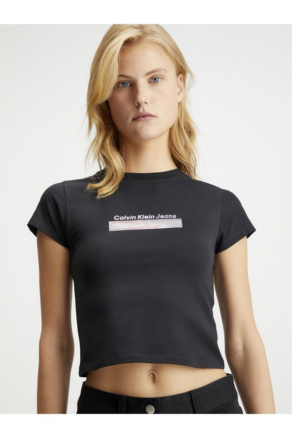 Calvin Klein Women s Brand Logo Cotton Crew Neck Slim Fit Crop Suitable for Daily Use Black T Shirt J20 Trendyol