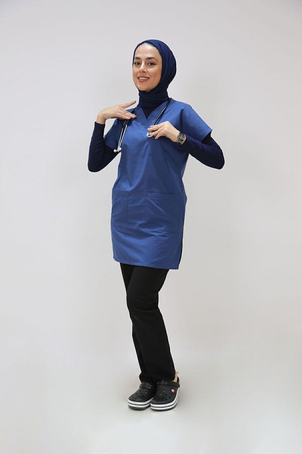 Limitless-Uniforma de asistentă hijab tunică oversize top Indigo albastru fund negru combinat 1