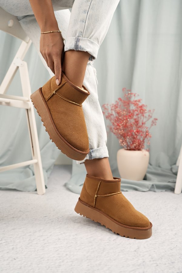 camaiore Mini Tan Suede Ankle Boots Furry Flat Sole Women's Shoes