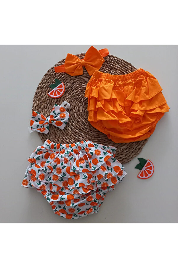 MARS BABY Kız Bebek Turuncu Portakal Desenli Fırfır Şort Etek Bandana Takımı
