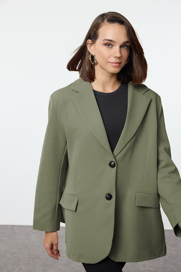 Trendyol Collection-Extragroße hellkhakifarbene Blazerjacke – TWOAW24BC00107 1