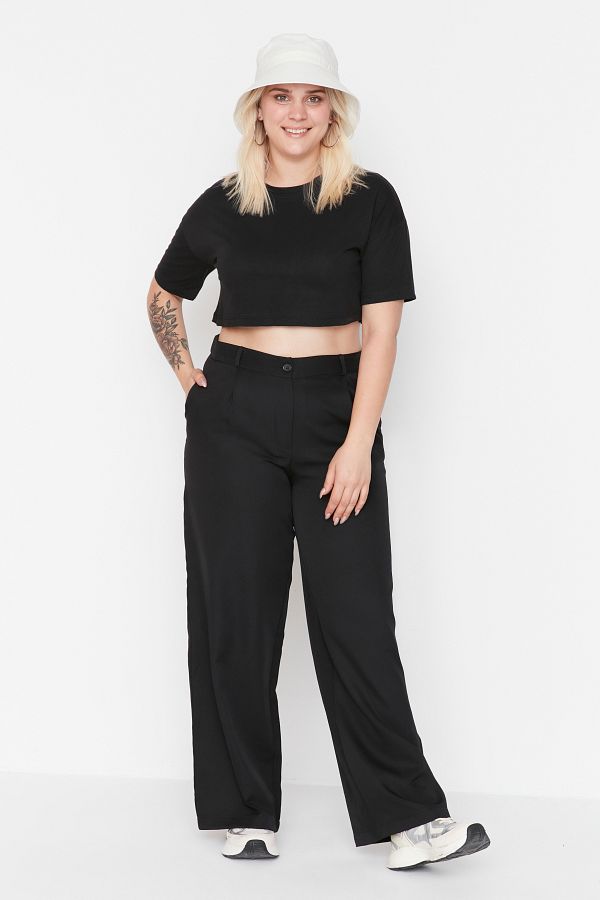 Trendyol Curve-Schwarze gewebte Hose mit weitem Bein in Übergröße - TBBAW23AR00007 1