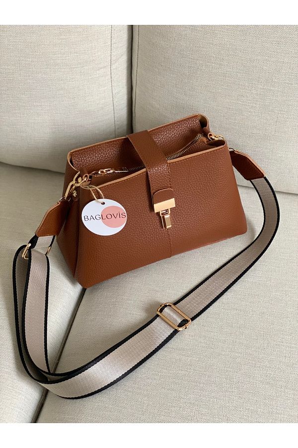 BAGLOVİS-Strip Column Shoulder Bag with Strap and Lock - With Compartment Inside 1
