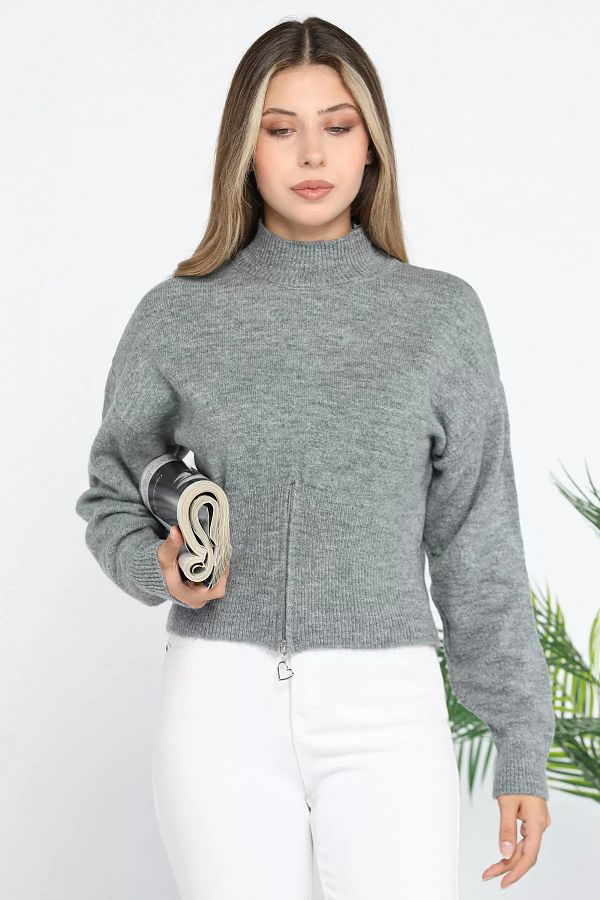 GULSEL Gray Knitwear Sweater with Front Zipper Trendyol