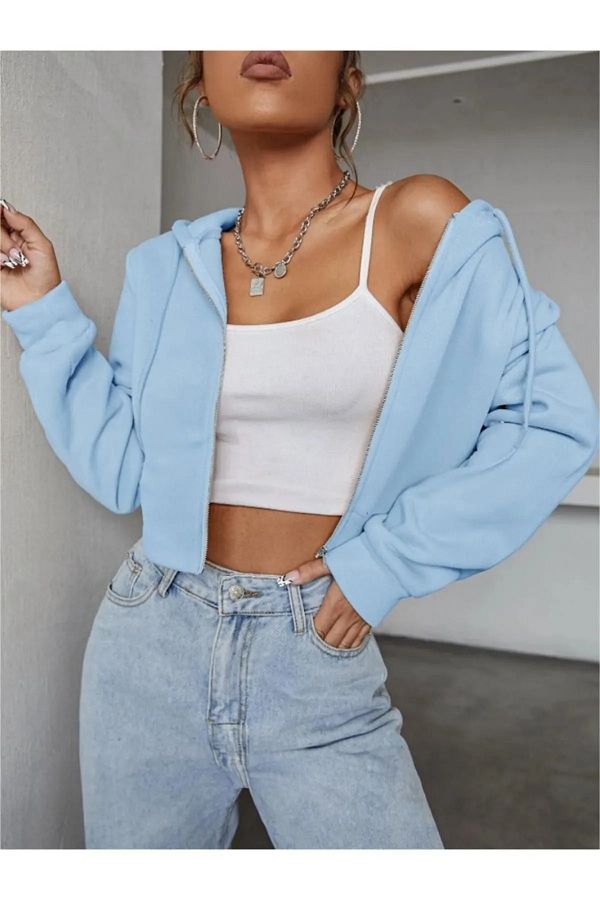 Fun Fashion Baby Blue Oversize Hooded Women s Crop Cardigan Trendyol