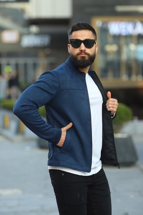 BASEL.CO Men s Navy Blue Suede Spring Jacket Trendyol
