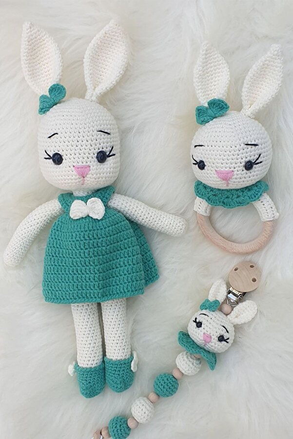 kelebeginruyasihobievi Amigurumi Yenidoğan Uyku Arkadaşı Tavşan, Çıngırak, Emzik Zinciri 3lü Set