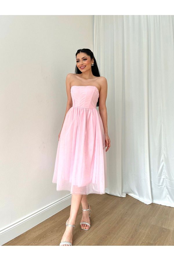 M SSC XFASH ON Evening Dress Women s Strapless Draped Slim Fit Flared Tulle Skirt Midi Tulle Dress Evening Dress and Graduation Dress Trendyol