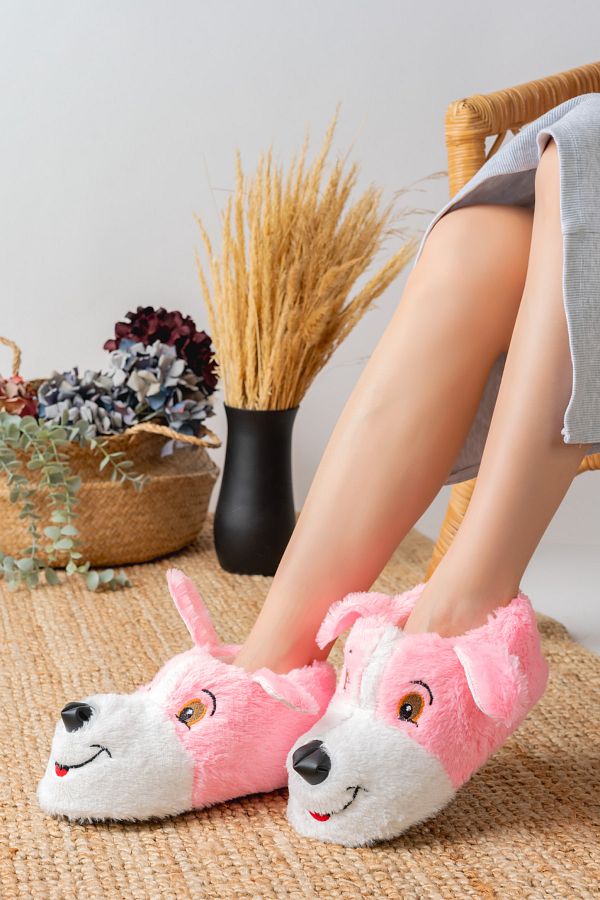 Slipcat Powder Plush Slippers with Dog Figure Home Sleeves Trendyol