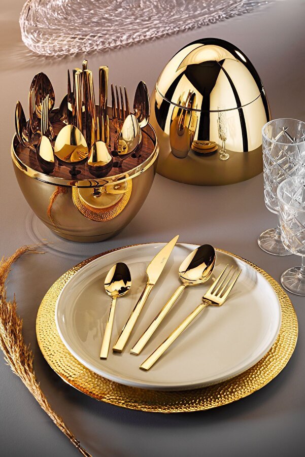 Fecra Golden Egg 24 Piece Fork Spoon Knife Set with Stand- Trendyol