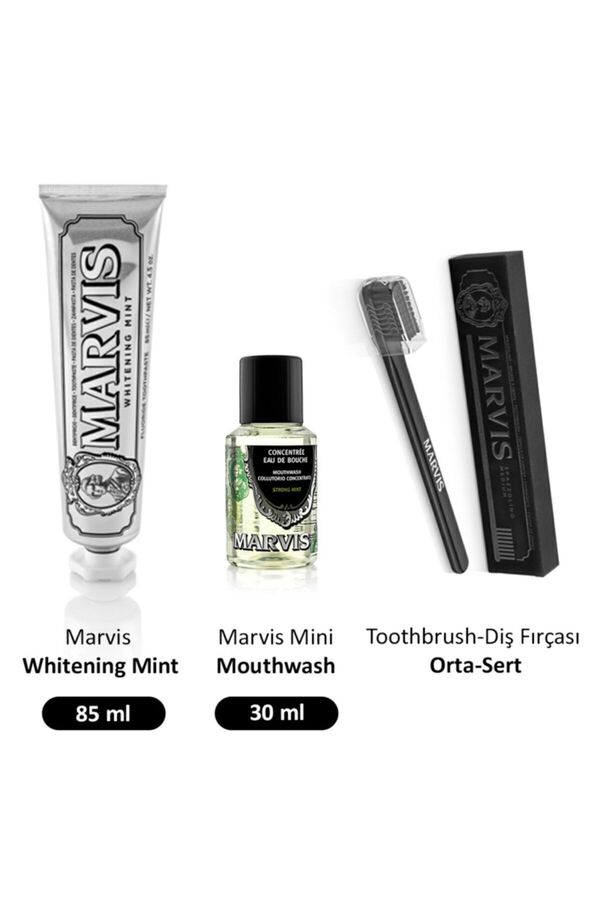 Marvis-85 ml Whitening Mint Toothpaste, 30 ml Concentrated, Medium Toothbrush and 3-Piece Mouthwash Set 1