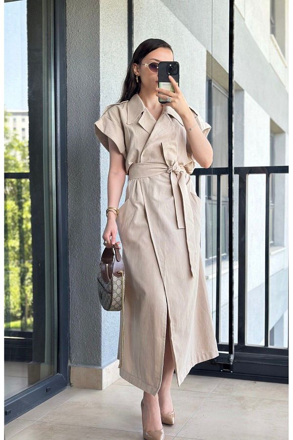 tugenatelier Linen Trench Coat Dress Design Trendyol