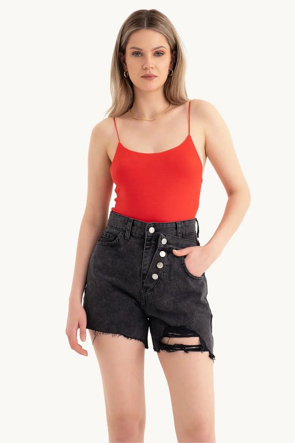 Hiccup-Double Layer Denim Shorts with High Waist and Button Detail 1