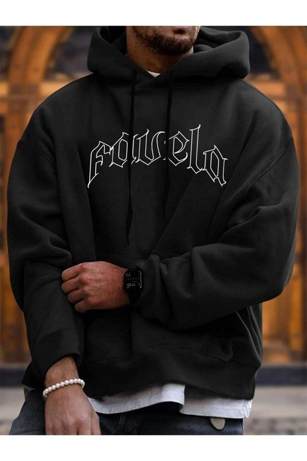 Altamira Unisex Black Favela Printed Hooded Oversize Sweatshirt Trendyol