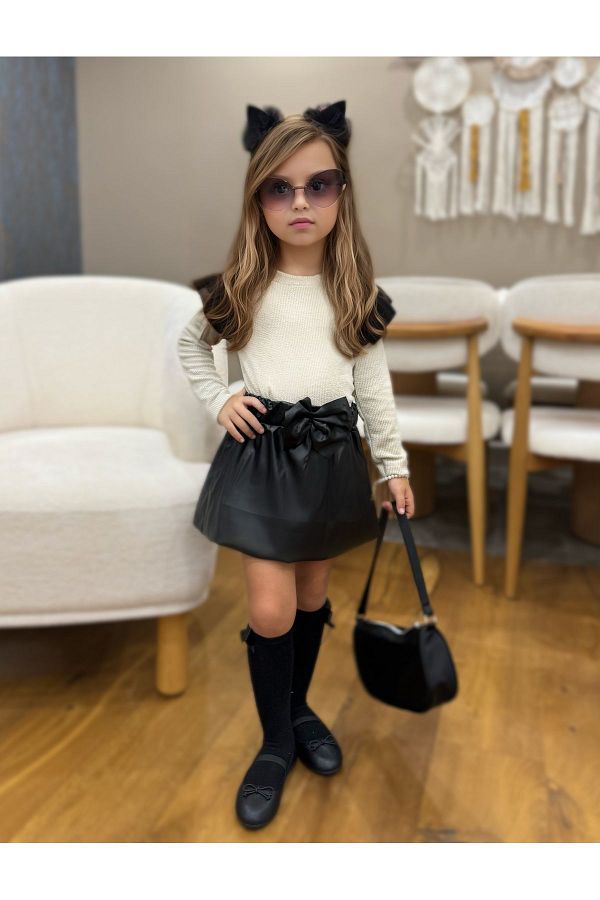 barin kids Girl s Leather SKirt and Blouse Set Trendyol
