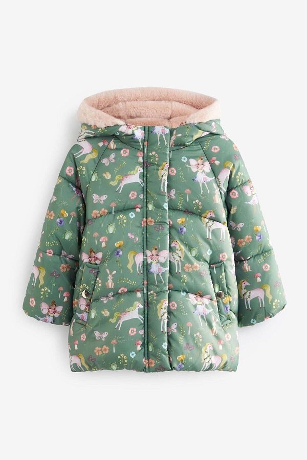 Next Baby Girl s Fairy and Unicorn Printed Water Resistant Padded Green Jacket Trendyol
