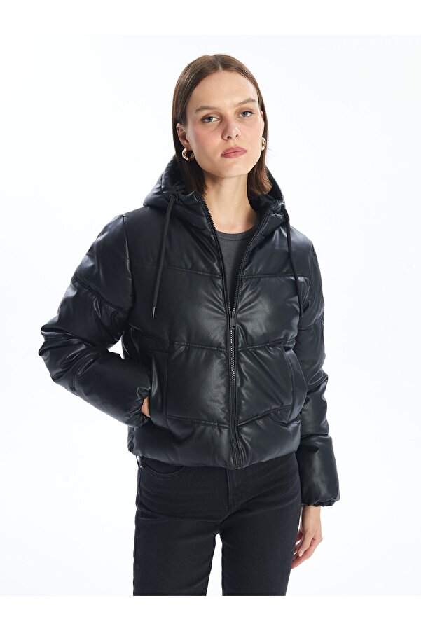 LC Waikiki Women's Puffer Jacket Hooded and Leather Look- Trendyol