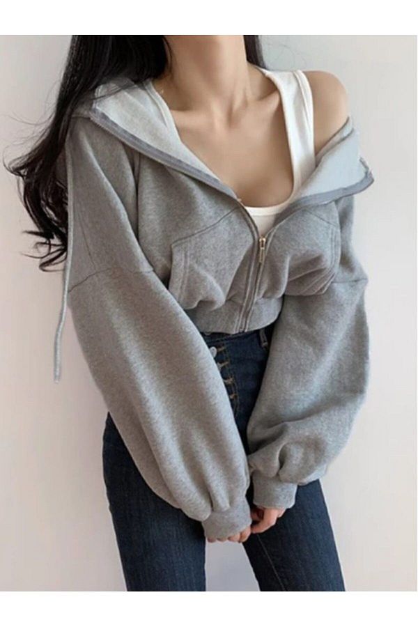 hudors Gray Hooded Crop Cardigan 3 Thread Zip Up Women Trendyol