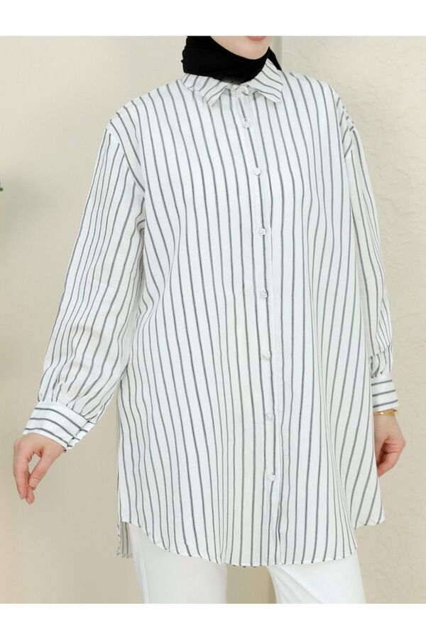 HİJABAYA-Stone Detailed Thin Striped Casual Shirt 1