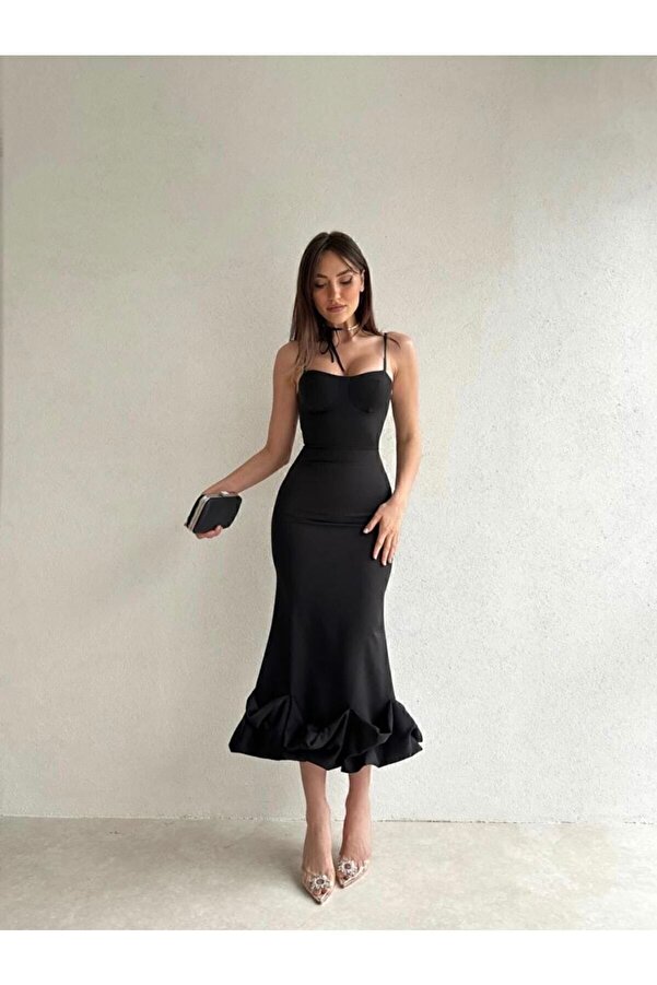 Oversized Asymmetrical Ruffled Midi Dress - Black
