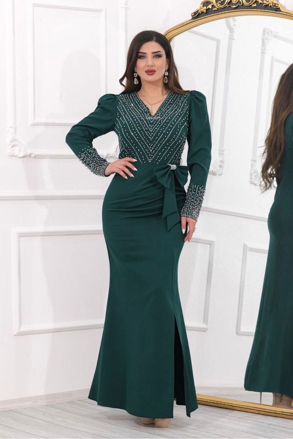 Helen Fashion Stone Detailed Dumbbell Design V Low cut Evening Dress Trendyol