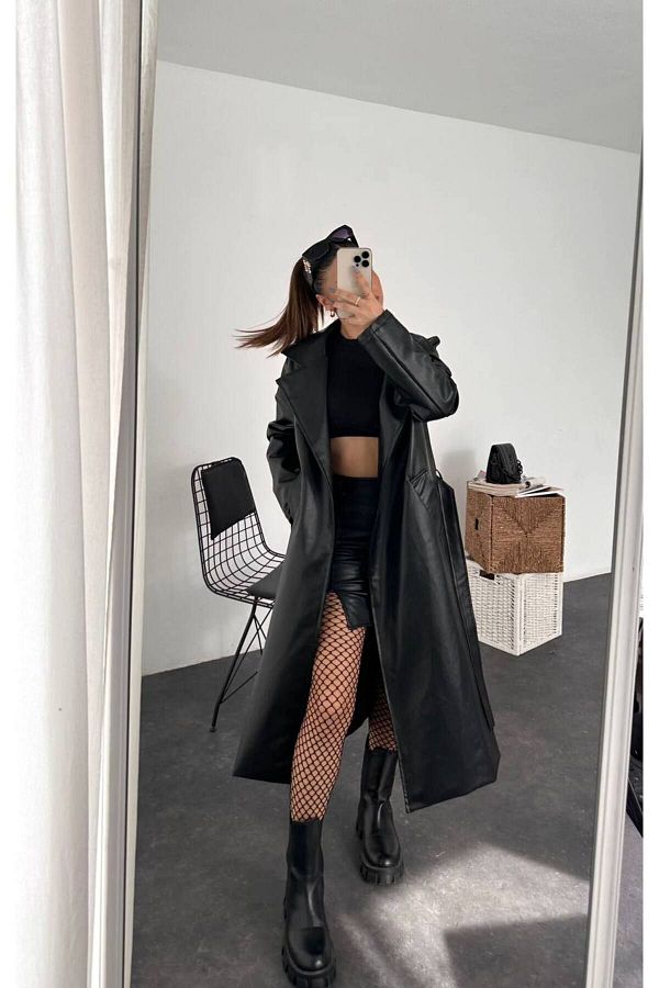 HOZGİYİM-Langer Trenchcoat aus Kunstleder für Damen – mit Gürtel 1