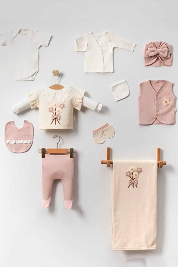 Cherub Baby Fisto Yakalı Süzene Çiçek Demeti %100 Pamuk Yenidoğan Kız Bebek 10 Parça Hastane Çıkışı Zıbın Seti