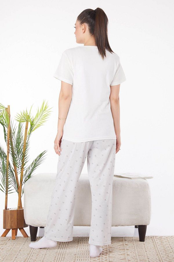 TOF SA White Printed Women s Pajama Set Plain Crew Neck 25821 Trendyol