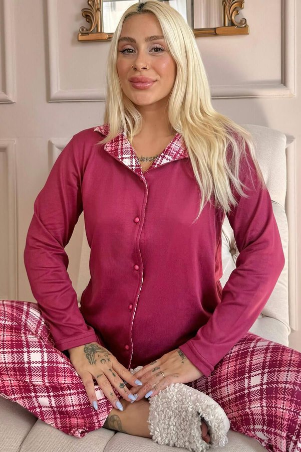 Pijamaevi Plum Cymru Patterned Thermal Front Buttoned Women's Pajamas Set