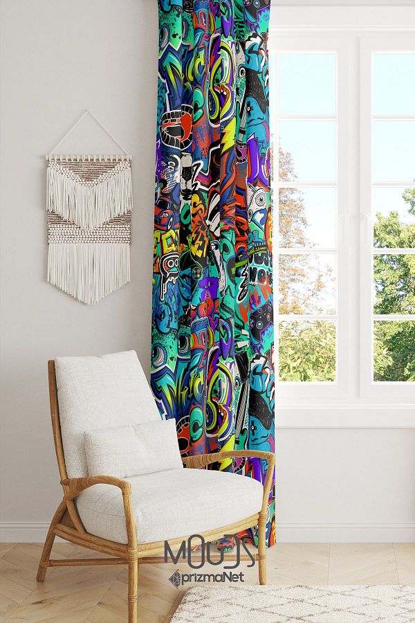 Moud's-Single Wing Graffiti Patterned Background Curtain - Suede Printed Extra-For Gather 1