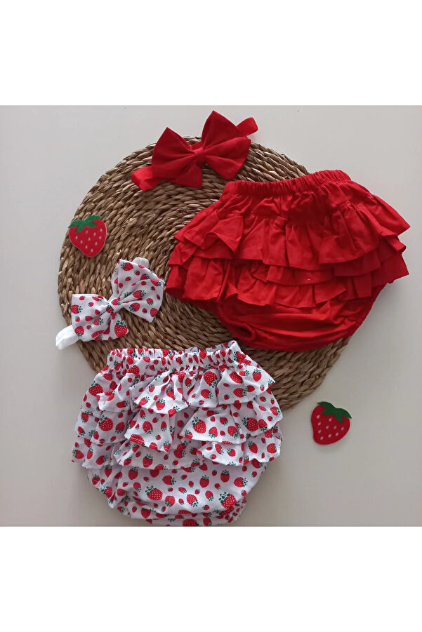 MARS BABY Kız Bebek Kırmızı Çilek Desenli Fırfır Şort Etek Bandana Takımı