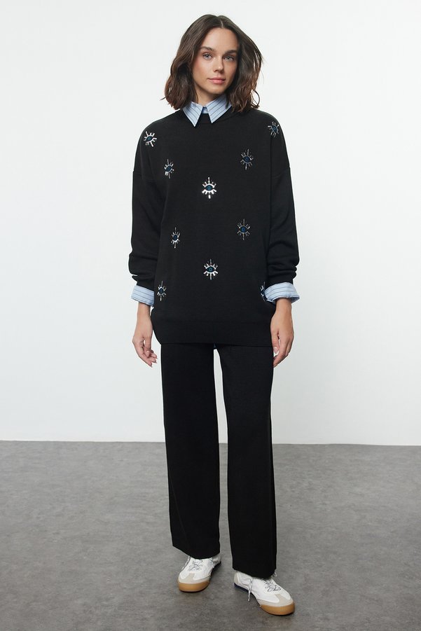 Trendyol Modest Black Embroidered Eye Detail Knit Top and Bottom Set TCTAW25US00069