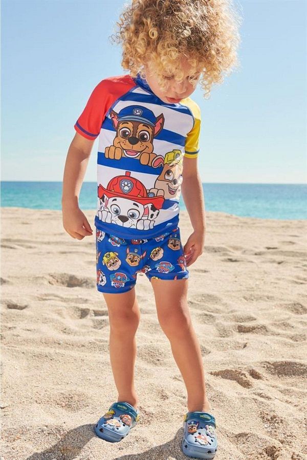 Lolliboomkids Boy s Paw Patrol Printed Blue Yellow White T shirt Shorts Swimsuit Set Top Diver Bottom Parachute Trendyol