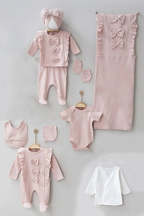 Cherub Baby Natural Fiyonklu Fırfırlı %100 Pamuk Yenidoğan Kız Bebek 10 Parça Hastane Çıkışı Zıbın Seti