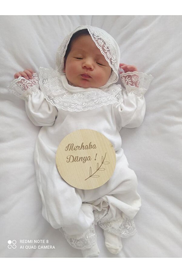 BEBERAZZİ Hastane Çıkışı Dantel Detaylı Lora Şapkalı Tulum Yenidoğan Mevlüt Set