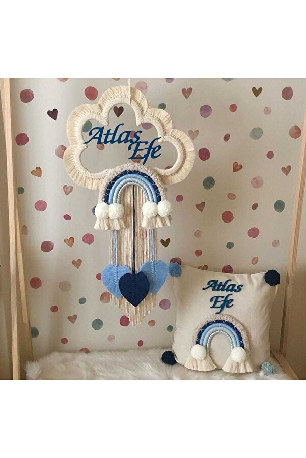 fn Makrome Gökkuşağı Kapı Süsü Ve Dekoratif Isimli Yastık 2'li Set Çocuk Odası Bebek Odası