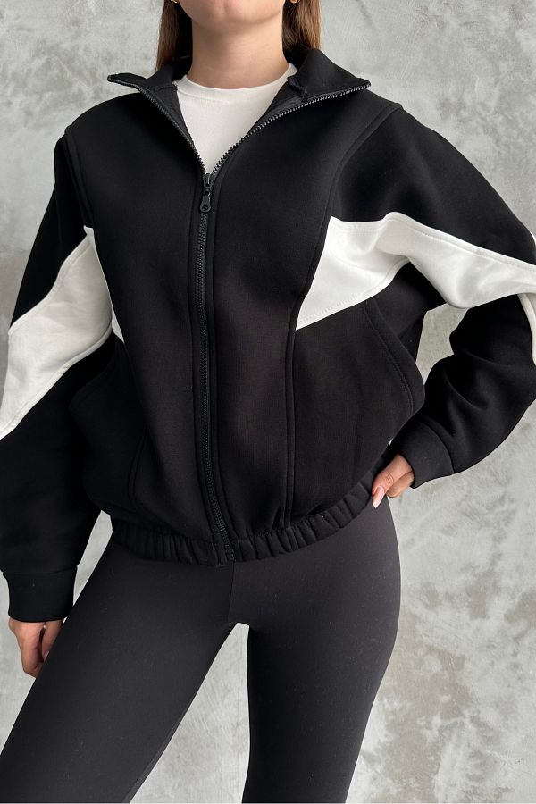 macharel jeans Stand Collar Black Sweat Cardigan with Pockets and Zipper Trendyol