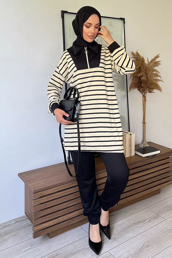 Julude Beige Black Striped Tunic and Sweatpants Hijab Set of Two Half Zipper Trendyol